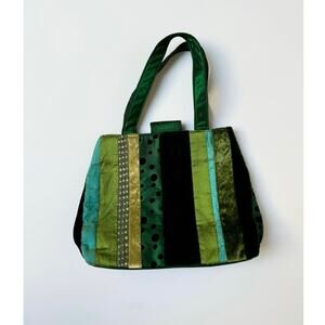 Vintage 90's Bath and Body Works Green Patch Work Striped Bag Purse